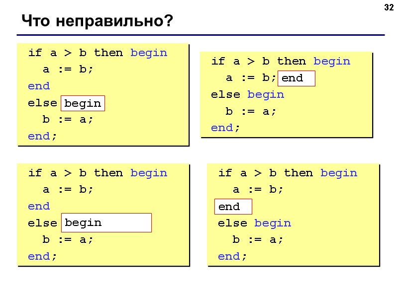 32 Что неправильно? if a > b then begin a 32 Что неправильно? if a > b then begin a